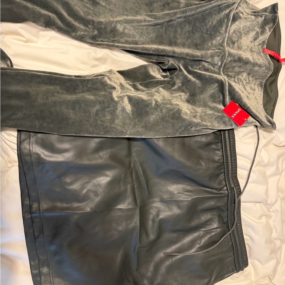 Light green Velvet pants and Leather Skirt Set